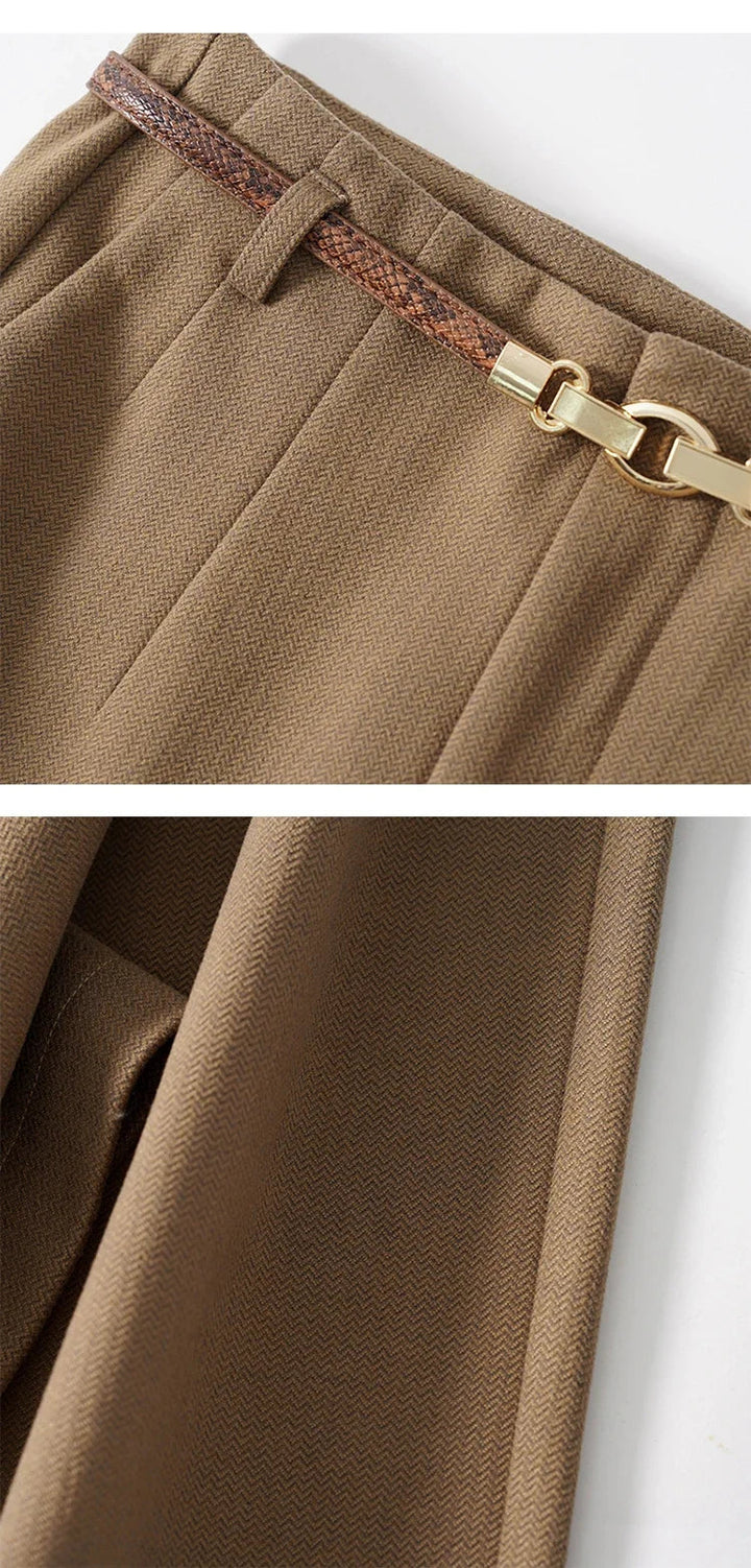 Wide Leg Wool Blend Trousers with High-Waist Fit, Tailored Crease, and Matching Belt