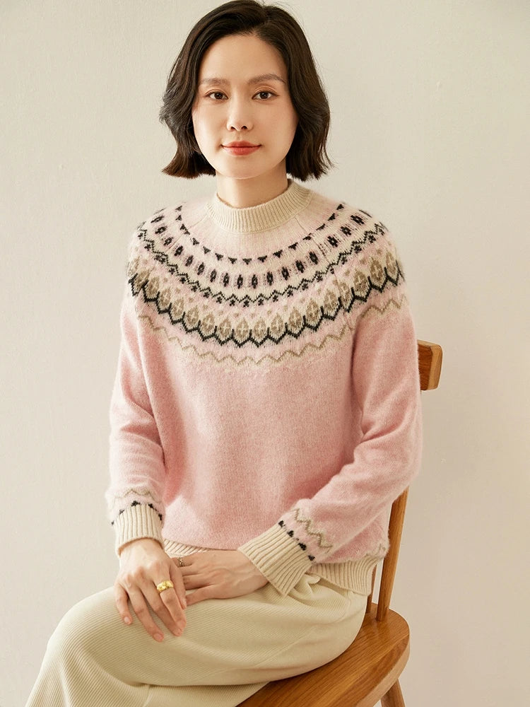 Fair Isle Jacquard Mock Neck Sweater in Cashmere-Soft Knit, Camel Colorway
