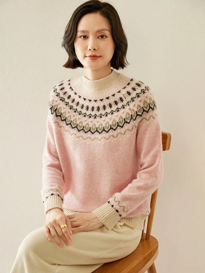 Fair Isle Jacquard Mock Neck Sweater in Soft 100% Cashmere, Camel Colorway