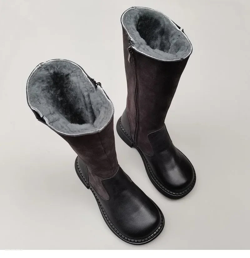 Shearling Riding Boots in Premium Leather-Look with Wool Lining and Side Zipper, Brown
