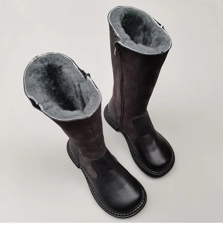 Shearling Riding Boots in Premium Leather-Look with Wool Lining and Side Zipper, Brown