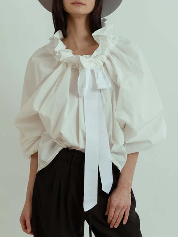 Ruffled Collar Blouse with Oversized Bow Tie and Lantern Sleeves, Checkered Print