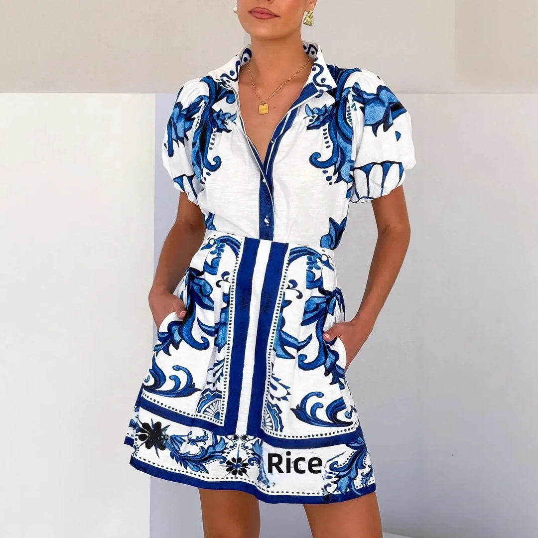 Floral Skirt Co-ord Set in Cotton-Linen Blend with Puff Sleeves and High-Contrast Trim