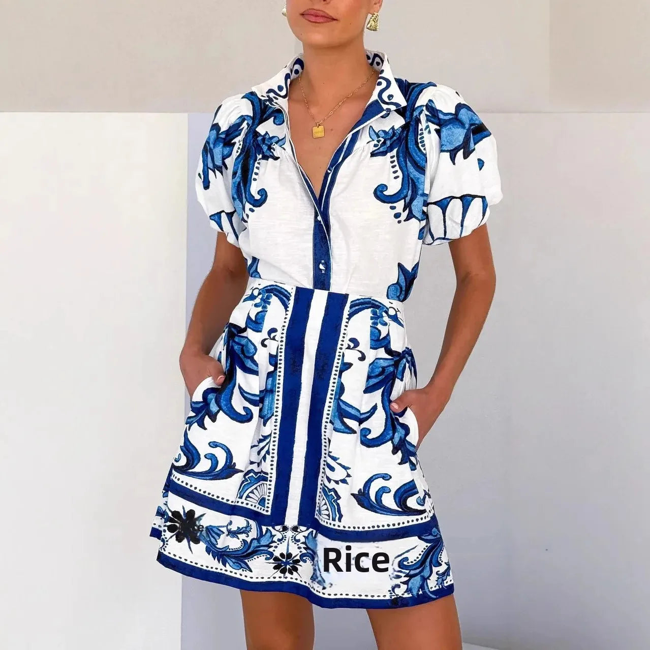 Floral Skirt Co-ord Set in Cotton-Linen Blend with Puff Sleeves and High-Contrast Trim