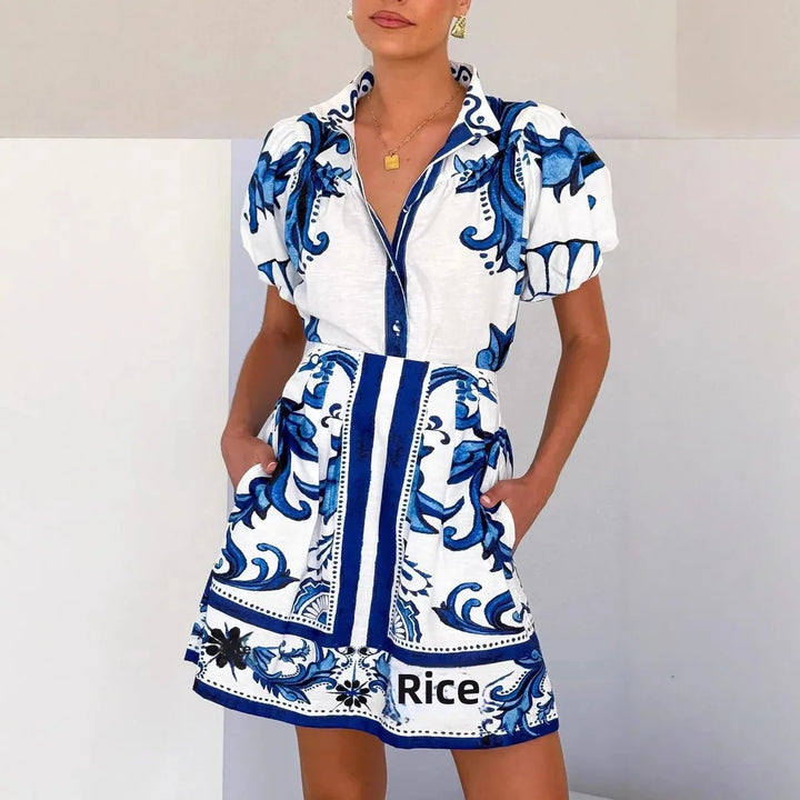 Floral Skirt Co-ord Set in Cotton-Linen Blend with Puff Sleeves and High-Contrast Trim