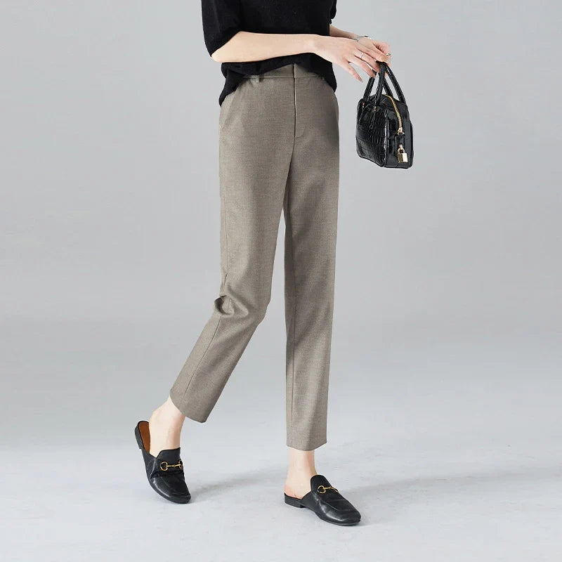 High-Waist Trousers with Elastic Waistband, Ankle-Length Slim Tailored Fit in Gray