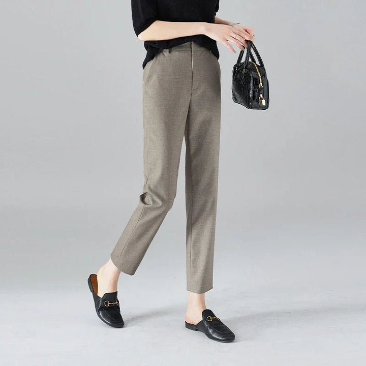 High-Waist Trousers with Elastic Waistband, Ankle-Length Slim Tailored Fit in Gray