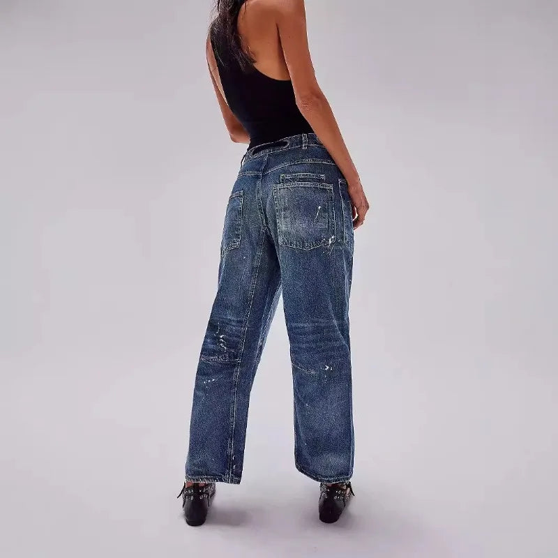 Utility Jeans with Paint-Speckled Wash, Rope Drawcord Waist, and 100% Cotton Denim