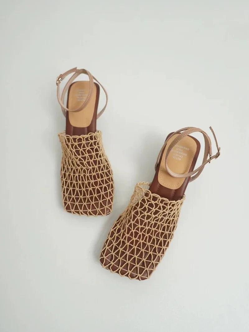 Braided Mesh Heeled Sandals with Square Toe and Ankle Strap, Women's Fallon