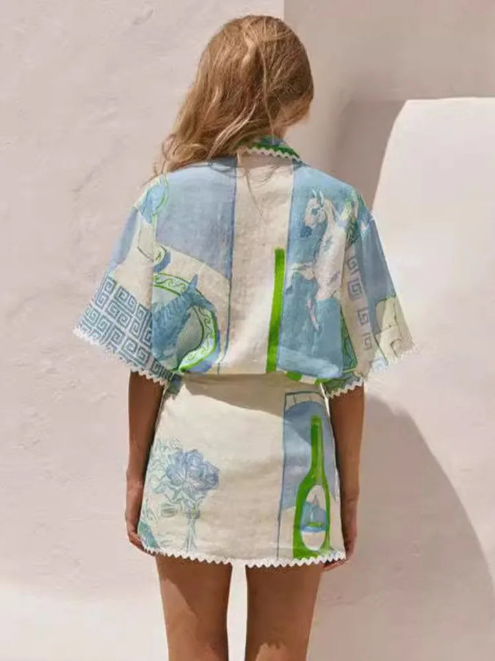 Cotton-Linen Blend Two-Piece Set with Wrap-Style Shorts and Scalloped Trim