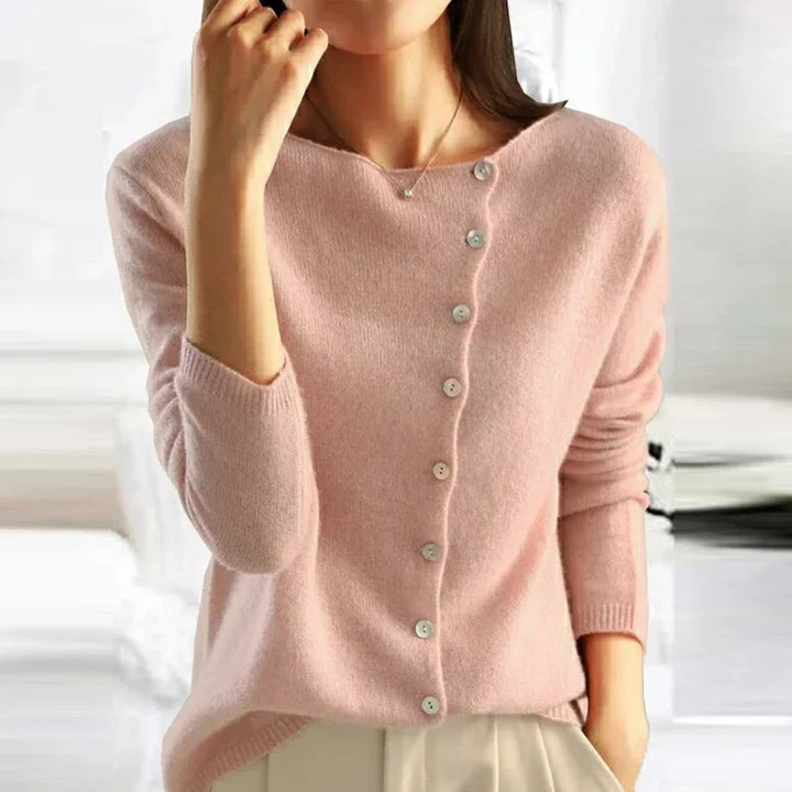 Asymmetric Button Sweater in Khaki Soft Knit with Off-Center Placket Detail and Long Sleeves