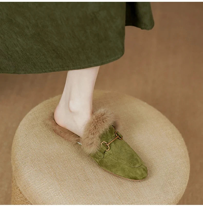 Fur-Lined Suede Mule Slippers with Premium Lamb and Rabbit Fur Lining and Gold-Tone Hardware