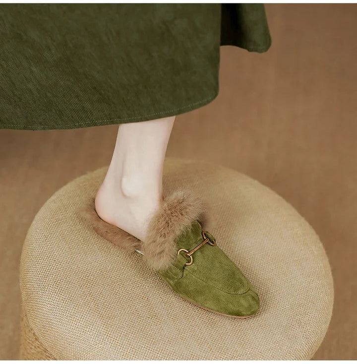 Fur-Lined Suede Mule Slippers with Premium Lamb and Rabbit Fur Lining and Gold-Tone Hardware