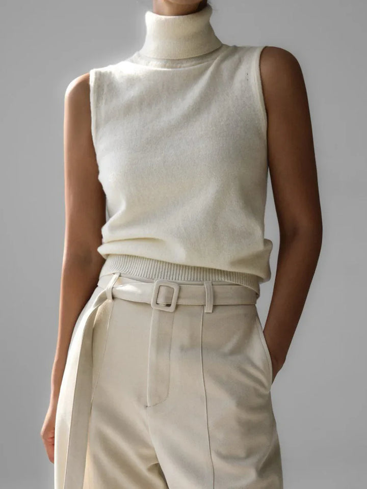 High-Neck Sweater Vest in Soft Wool-Cashmere Blend, Sleeveless Sculpted Fit with Structured Tall Neckline