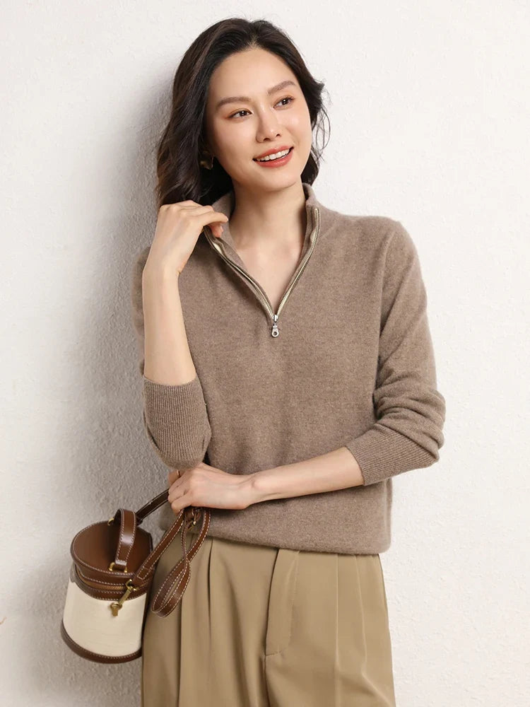 Cashmere Half-Zip Pullover Sweater with Stand-Up Collar, Standard Fit, Beige
