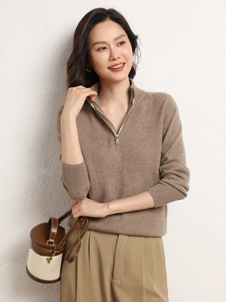Cashmere Half-Zip Pullover Sweater with Stand-Up Collar, Standard Fit, Beige