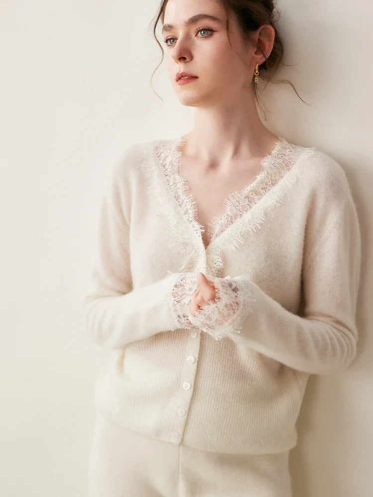 Cashmere Cardigan with Lace-Trim Detail and Relaxed Knit Fit in Khaki