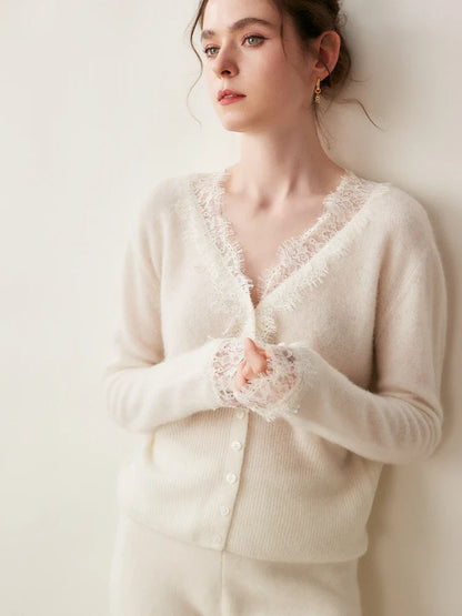 Cashmere Cardigan with Lace-Trim Detail and Relaxed Knit Fit in Khaki