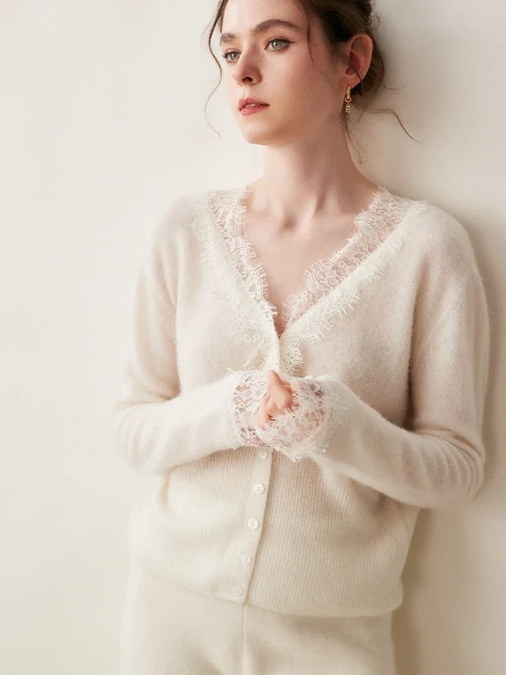 Cashmere Cardigan with Lace-Trim Detail and Relaxed Knit Fit in Khaki