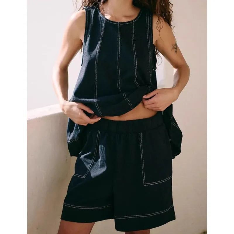 Two-Piece Cotton Set, Cropped Tank Top and Elastic-Waist Shorts with Raw Seam Detailing in Sunwashed Yellow