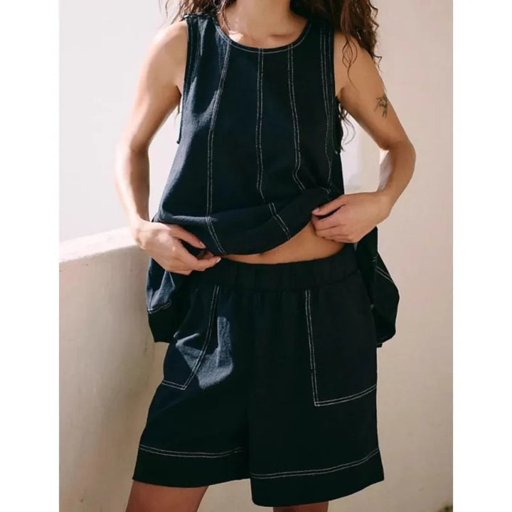 Two-Piece Cotton Set, Cropped Tank Top and Elastic-Waist Shorts with Raw Seam Detailing in Sunwashed Yellow