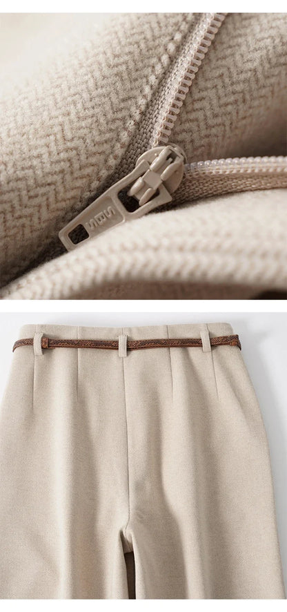 Wide Leg Wool Blend Trousers with High-Waist Fit, Tailored Crease, and Matching Belt