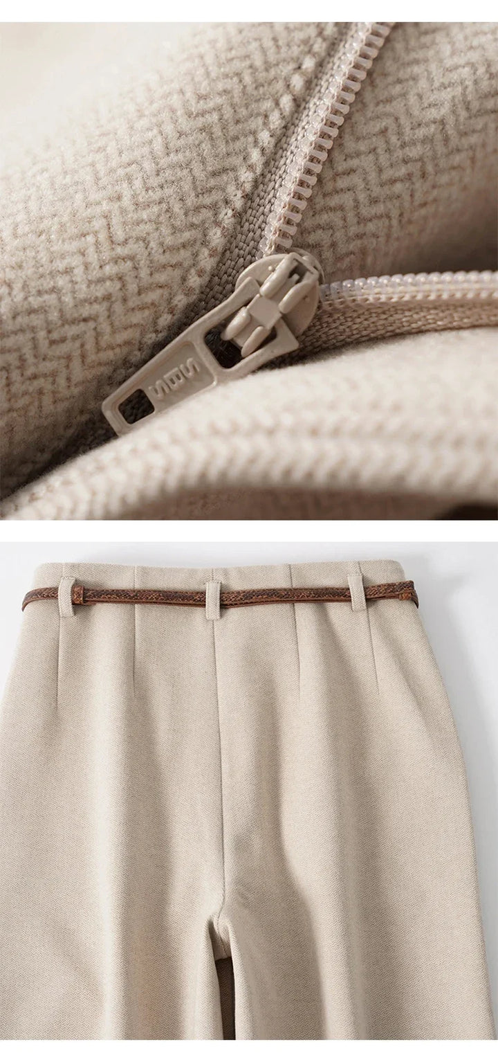 Wide Leg Wool Blend Trousers with High-Waist Fit, Tailored Crease, and Matching Belt
