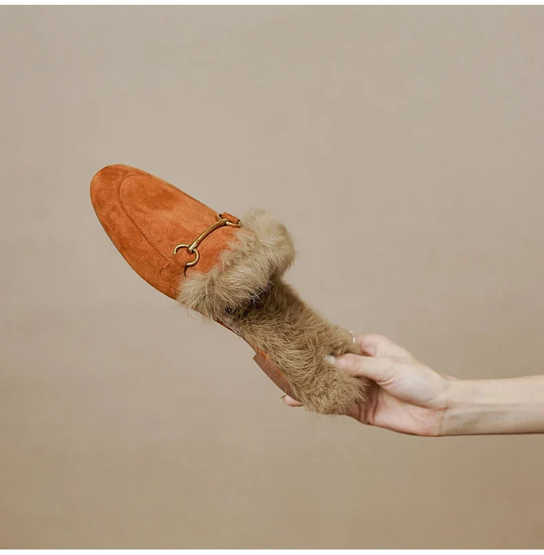 Fur-Lined Suede Mule Slippers with Premium Lamb and Rabbit Fur Lining and Gold-Tone Hardware
