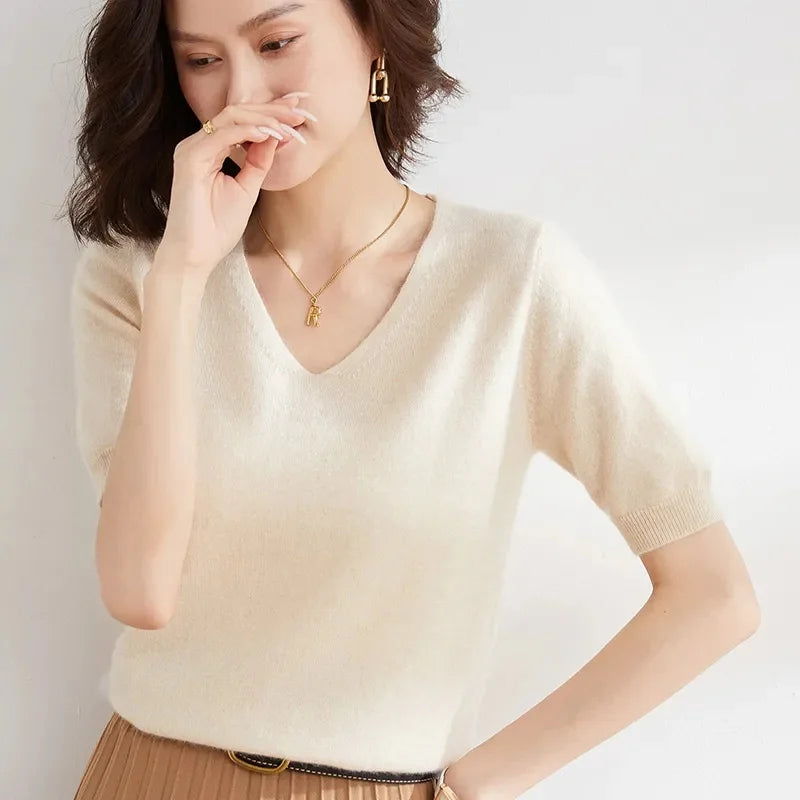 V-Neck Knit Top in Soft Merino Wool Blend with Relaxed Shape-Holding Fit, Khaki