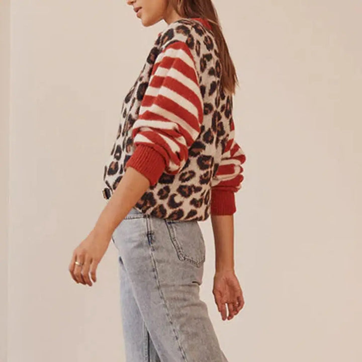 Cardigan in Leopard and Stripe Print with Relaxed Fit and Soft Cotton Blend Knit for Effortless Layering