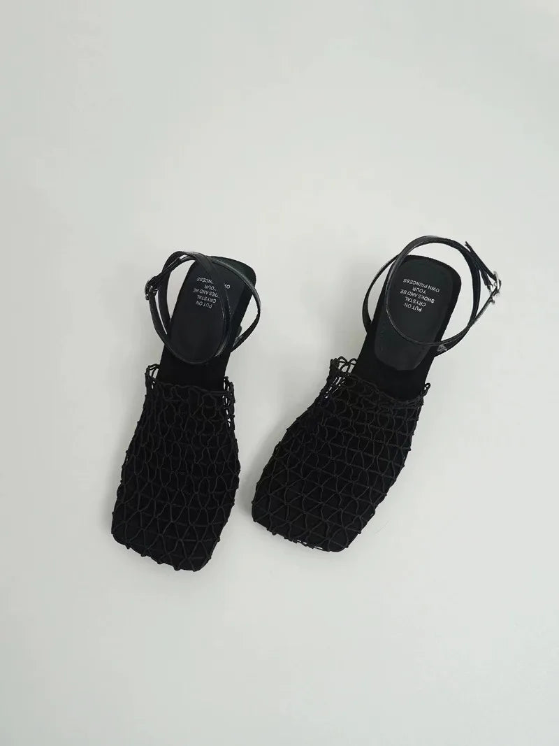Braided Mesh Heeled Sandals with Square Toe and Ankle Strap, Women's Fallon