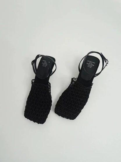 Braided Mesh Heeled Sandals with Square Toe and Ankle Strap, Women's Fallon