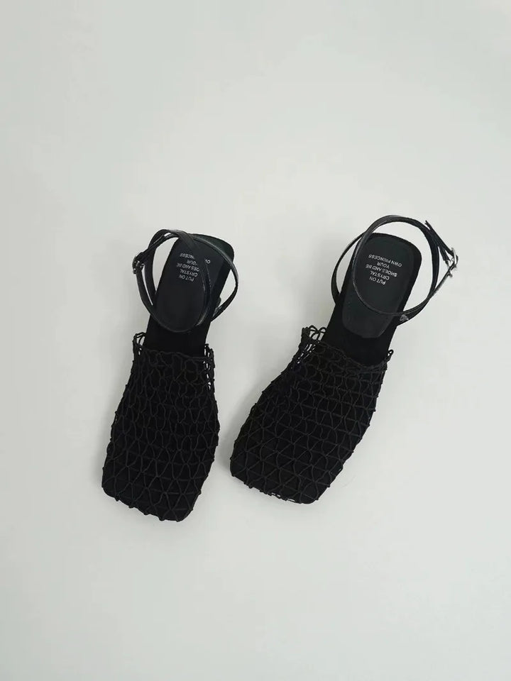 Braided Mesh Heeled Sandals with Square Toe and Ankle Strap, Women's Fallon