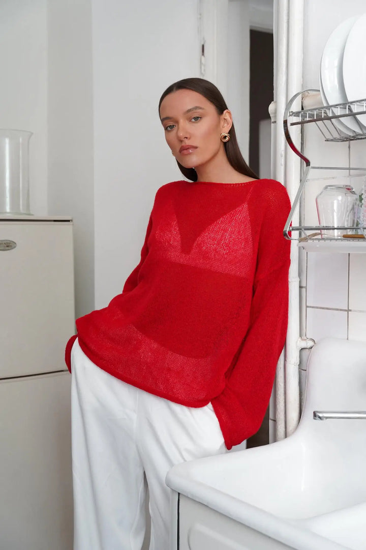 Boatneck Sweater in Merino Wool Blend with Relaxed Fit and Long Sleeves