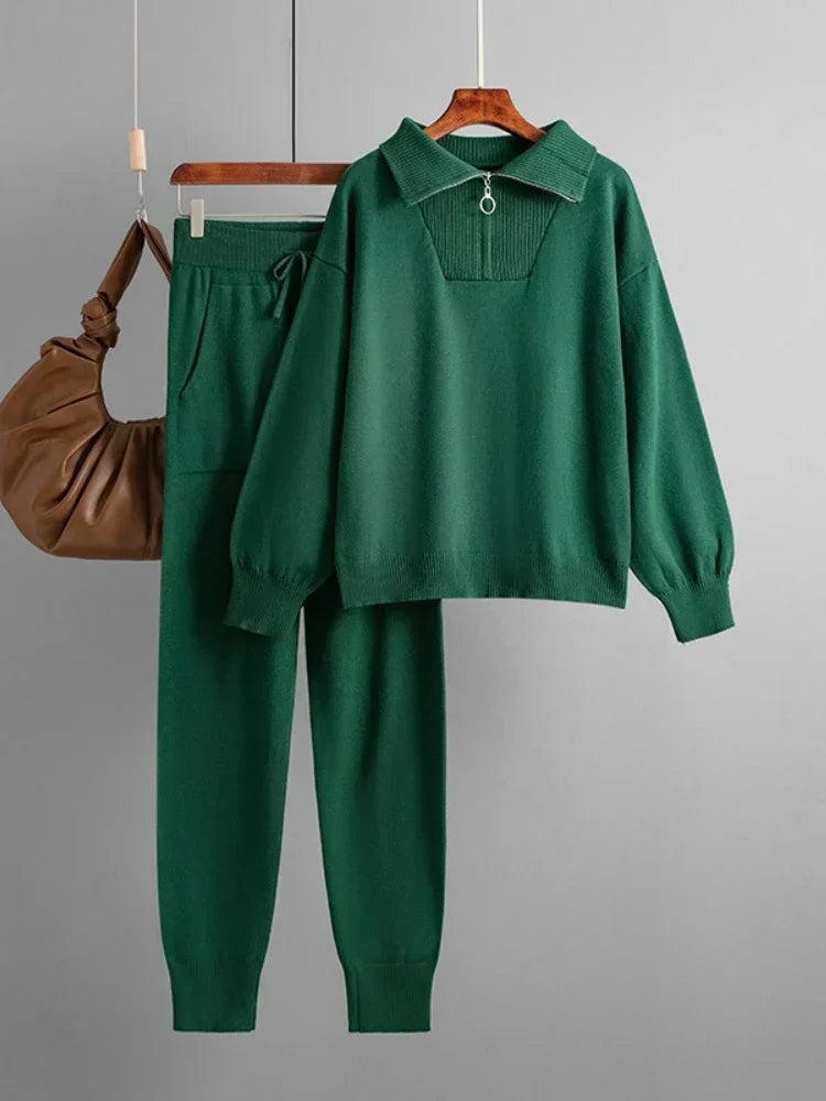 Half-Zip Knit Two-Piece Lounge Set with Elastic-Waist Pants and Soft Ribbed Texture in Peach