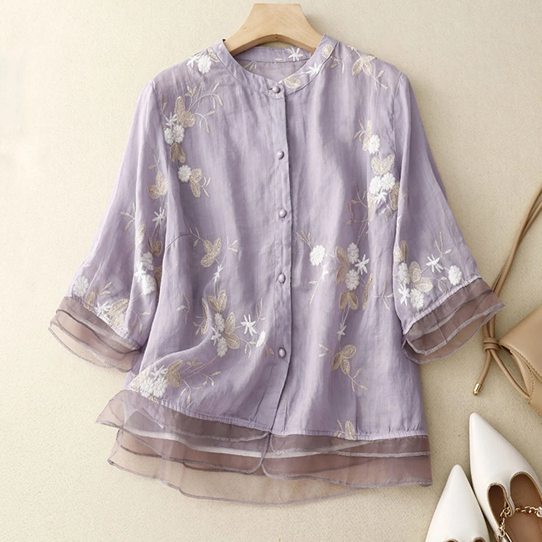 Cotton Blouse with Sheer Double Cuffs and Botanical Embroidery, Flowing Vintage-Inspired Fit