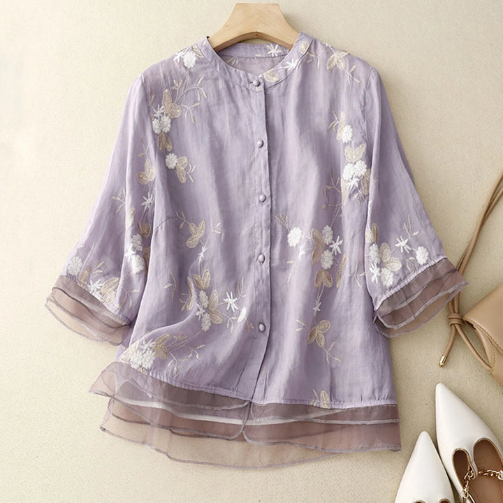 Cotton Blouse with Sheer Double Cuffs and Botanical Embroidery, Flowing Vintage-Inspired Fit