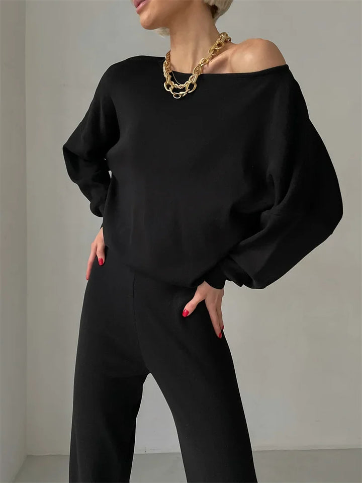 Off-Shoulder Loungewear Knit Set with Soft Flowing Fabric and Relaxed Fit in Camel