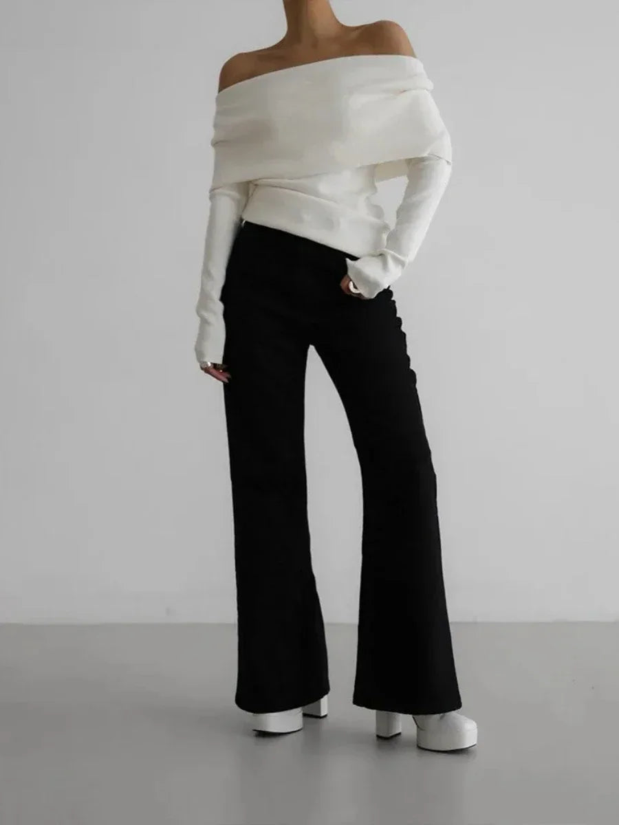 Off-Shoulder Sweater Top with Hand-Knitted Texture and Slim, Body-Skimming Fit