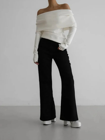 Off-Shoulder Sweater Top with Hand-Knitted Texture and Slim, Body-Skimming Fit