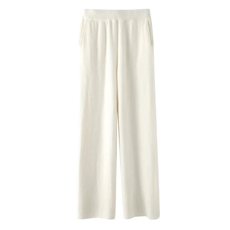 Sweatpants, High-Waist Wide-Leg Style in Soft Cashmere Blend Fabric with Elastic Waist