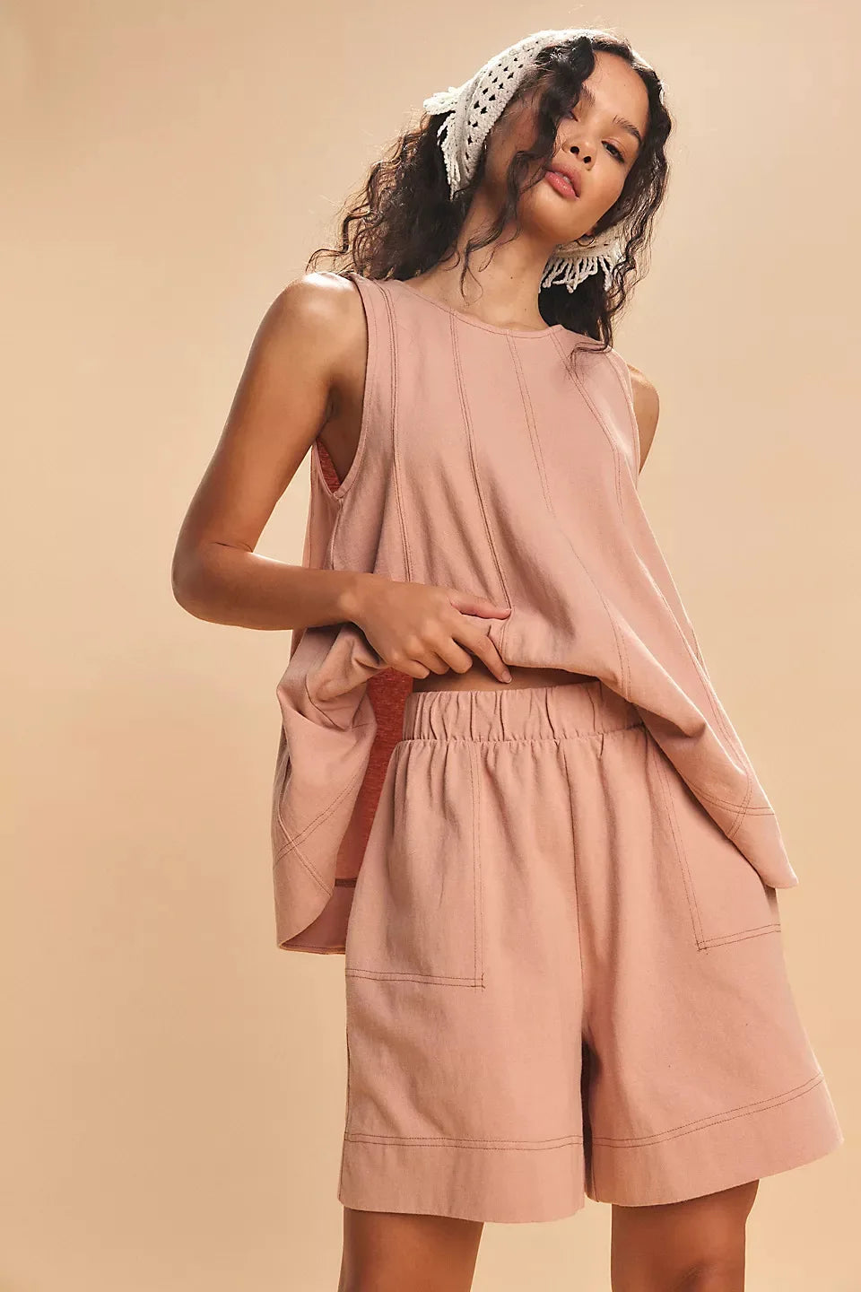 Two-Piece Cotton Set, Cropped Tank Top and Elastic-Waist Shorts with Raw Seam Detailing in Sunwashed Yellow
