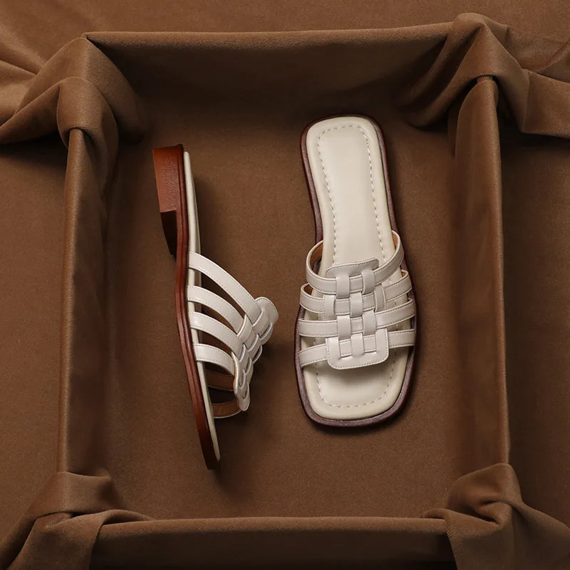 Woven Slides with Cushioned Footbed, Square Open Toe and Slight Heel Lift