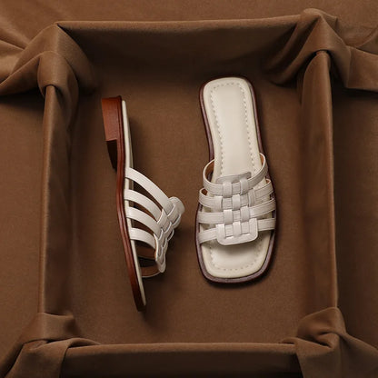 Woven Slides with Cushioned Footbed, Square Open Toe and Slight Heel Lift