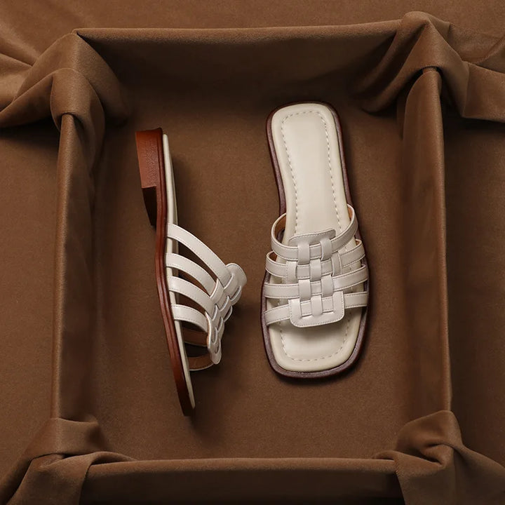 Woven Slides with Cushioned Footbed, Square Open Toe and Slight Heel Lift