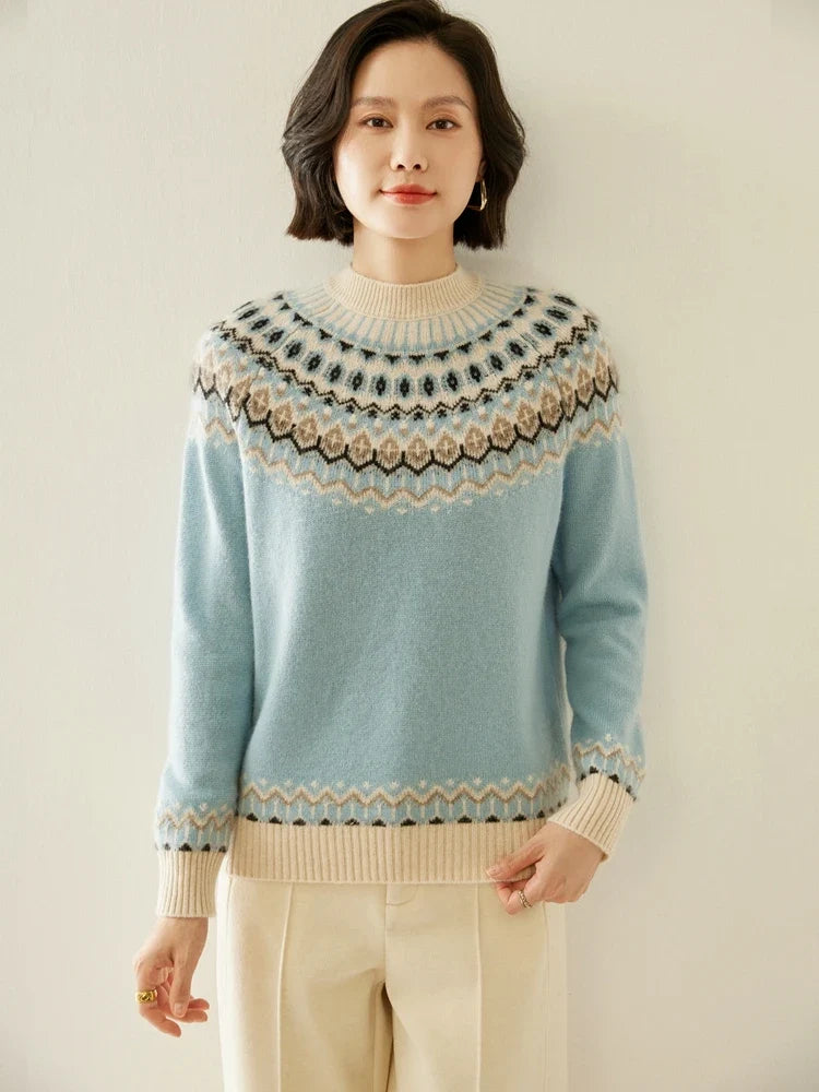 Fair Isle Jacquard Mock Neck Sweater in Cashmere-Soft Knit, Camel Colorway