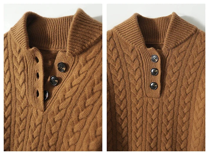 Cable-Knit Sweater with Cashmere Blend, Button-Up Stand Collar and Snug Fit