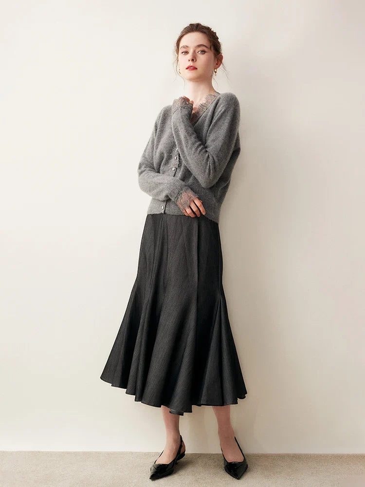 Cashmere Cardigan with Lace-Trim Detail and Relaxed Knit Fit in Khaki