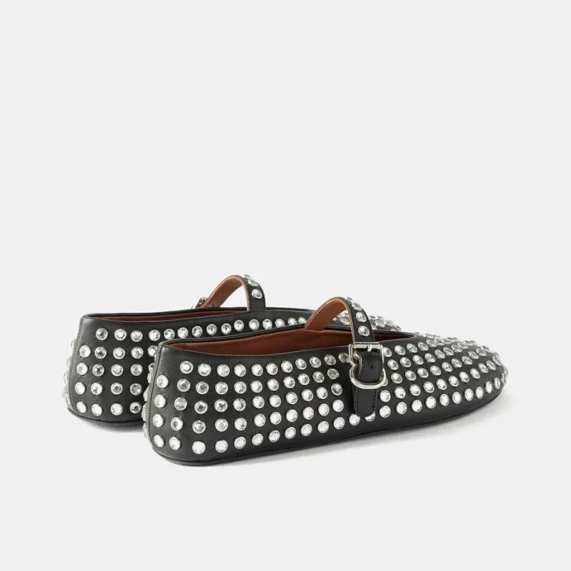 Mary Jane Flats with Crystal-Studded Leather Upper and Adjustable Ankle Strap