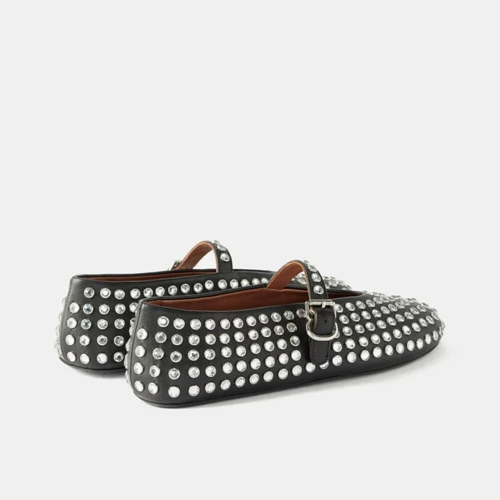 Mary Jane Flats with Crystal-Studded Leather Upper and Adjustable Ankle Strap